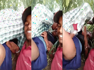 Young lovers’ passionate group sex in an open field